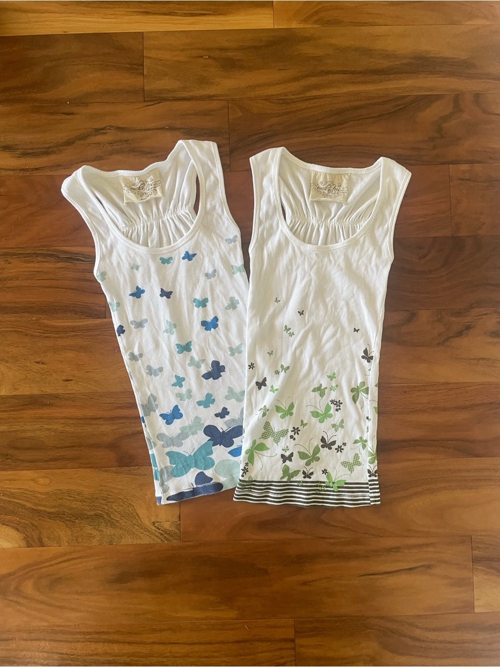 Bundle of (2) Y2K white butterfly Tank Tops - Blue & Green Print